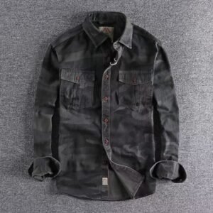 Washed Camouflage American Overalls Long Sleeve Shirt – Camouflage Gray, XXXL