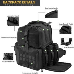 Tactical Range Backpack Bag, VOTAGOO Range Activity Bag For Handgun And Ammo, 3 Pistol Carrying Case For Hunting Shooting