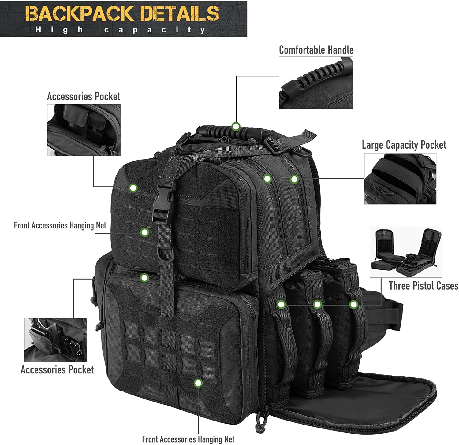 Tactical Range Backpack Bag, VOTAGOO Range Activity Bag For Handgun And Ammo, 3 Pistol Carrying Case For Hunting Shooting - Image 2