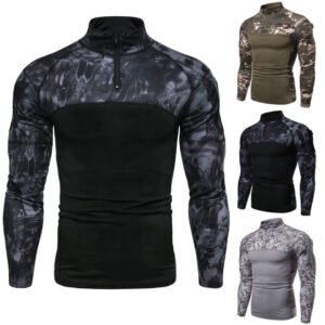 Men’s Military Battlefield Outdoor Fitness Camouflage Long Sleeve Zipper Pocket T-Shirt