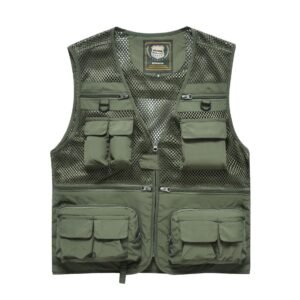 Summer Men’s Outdoor Fishing Mesh Vest Jackets Travel Photography Waistcoats Man Jungle Tactical Quick Dry Multi Pockets Jacket – Army Green, 2XL