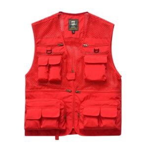 Summer Men’s Outdoor Fishing Mesh Vest Jackets Travel Photography Waistcoats Man Jungle Tactical Quick Dry Multi Pockets Jacket – Red, L