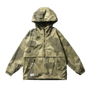 Spring Half Zipper Hooded Pullover Jacket Men’s Trendy Brand Couple Functional Wind Loose Jacket Camouflage Tooling Jacket – Green, L