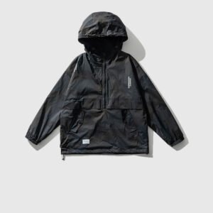 Spring Half Zipper Hooded Pullover Jacket Men’s Trendy Brand Couple Functional Wind Loose Jacket Camouflage Tooling Jacket – Black, L