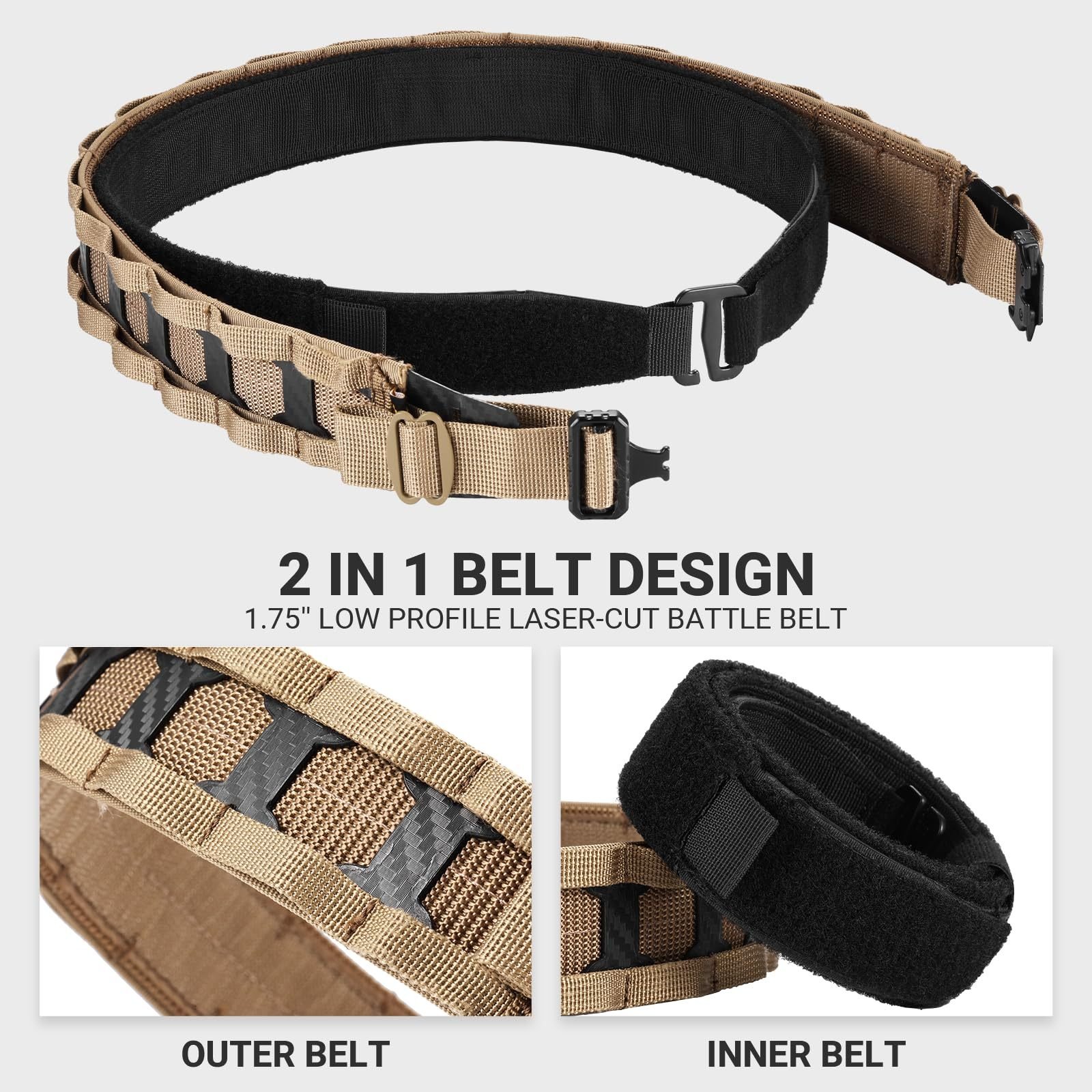Tactical Belt MOLLE Battle Belt With Quick Release Buckle, Low Profile Laser-Cut Battle Belt For Range - Image 3