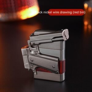 Pistol Shape Metal Gas Lighters With Gift Box Packaging – Red Black Nickel Brushed, XF2705 Gift Box Packaging