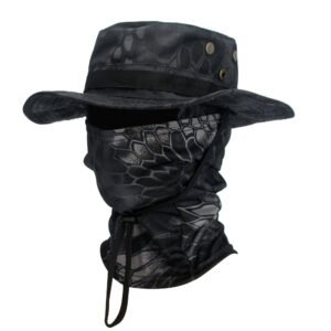 Camouflage Boonie Hat Army Summer Breathable Sun-proof Army Fans Rounded Hat – Python Pattern Black, Round Cap Suit