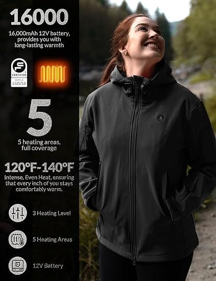 Heated Jacket For Women, ANTARCTICA GEAR Winter Coat With 12V 16000mAh Battery Pack, Soft Shell Heating Hood Jacket - Image 3