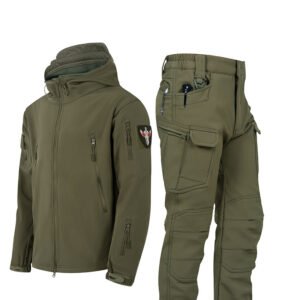 Ruins Russian Camouflage Shark Skin Shell Jacket Suit Fleece-lined Waterproof Tactical Suit – Green, XL