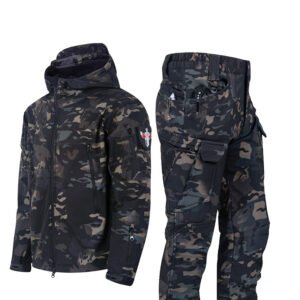 Ruins Russian Camouflage Shark Skin Shell Jacket Suit Fleece-lined Waterproof Tactical Suit – Dark Night Camouflage, XXXL