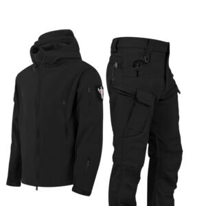 Ruins Russian Camouflage Shark Skin Shell Jacket Suit Fleece-lined Waterproof Tactical Suit – Black, XXL