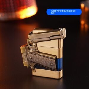 Pistol Shape Metal Gas Lighters With Gift Box Packaging – Blue Gold Brushed, XF2705 Gift Box Packaging