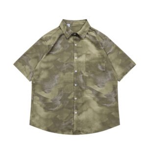 Splattered Dark Green Camouflage Tie-dye Shirt Casual Loose – Green, L