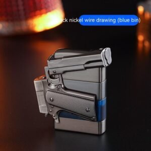 Pistol Shape Metal Gas Lighters With Gift Box Packaging – Blue Black Nickel Brushed, XF2705 Gift Box Packaging