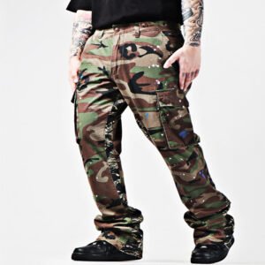 Water Washed Tiger Patterned Camouflage Leopard Patterned Jeans – Light brown, 33