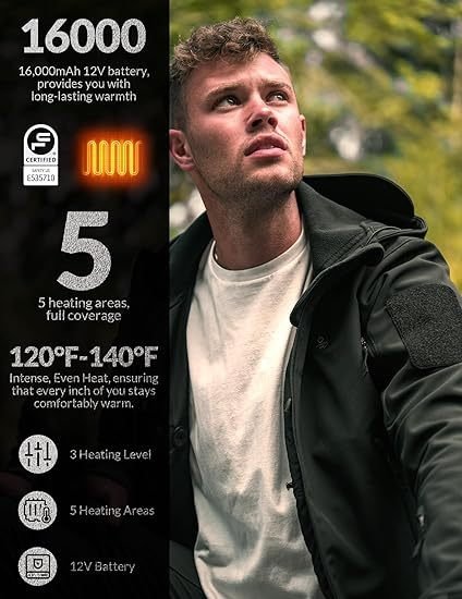 Heated Jacket For Men ANTARCTICA GEAR Winter Coat With 12V 16000mAh Battery Pack, Soft Shell Heating Hood Jacket - Image 3