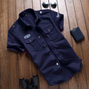 Summer Short Sleeve Shirt Military Green Work Clothes Casual Shirt – N, XL