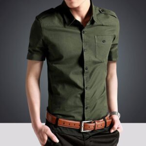 Summer Short Sleeve Shirt Military Green Work Clothes Casual Shirt – K, 2XL
