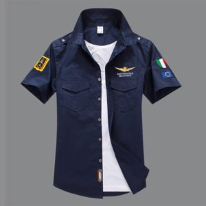 Short sleeve shirt shirt military fan embroidered shirt men’s half sleeve – Navy, M