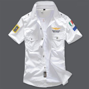 Short sleeve shirt shirt military fan embroidered shirt men’s half sleeve – White, L