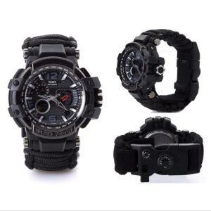 War wolf 2 mechanic outdoor survival survival bracelet life-saving multi-function knife buckle umbrella rope watch waterproof compass – black