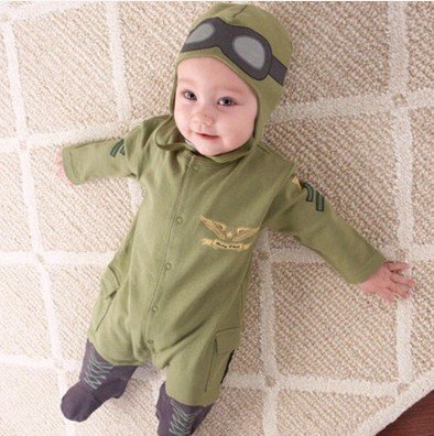 Aviation Pilot Long Sleeve One Piece Hat Army Green Romper - Image 2