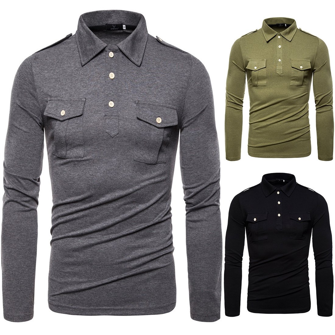 Men's New Lapel Long Sleeved T Shirt Military Style - Image 2