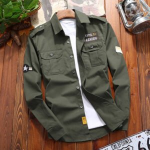 Casual Pure Cotton Solid Color Military Long Sleeve Top Shirt