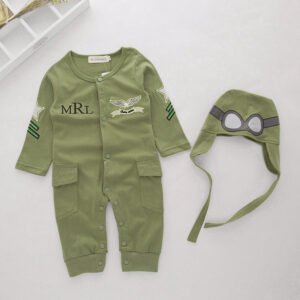 Boys’ Long-sleeved Infant Children’s Wear Aviator Jumpsuit Army Green Hooded Romper