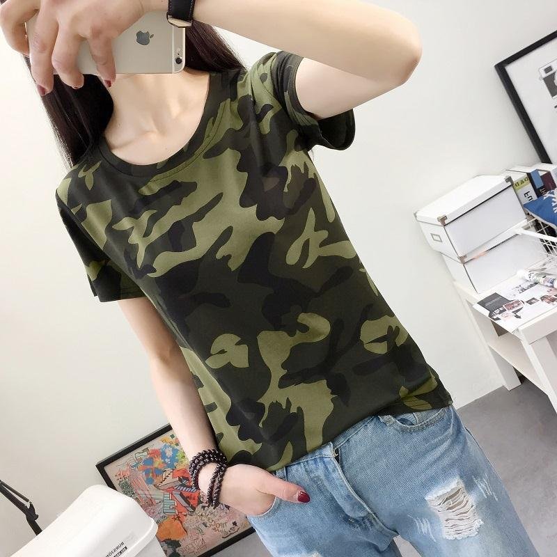T-shirt Women's Bottoming Shirt Round Neck Camouflage Short-sleeved Slim Army Green Military Uniform - Image 3