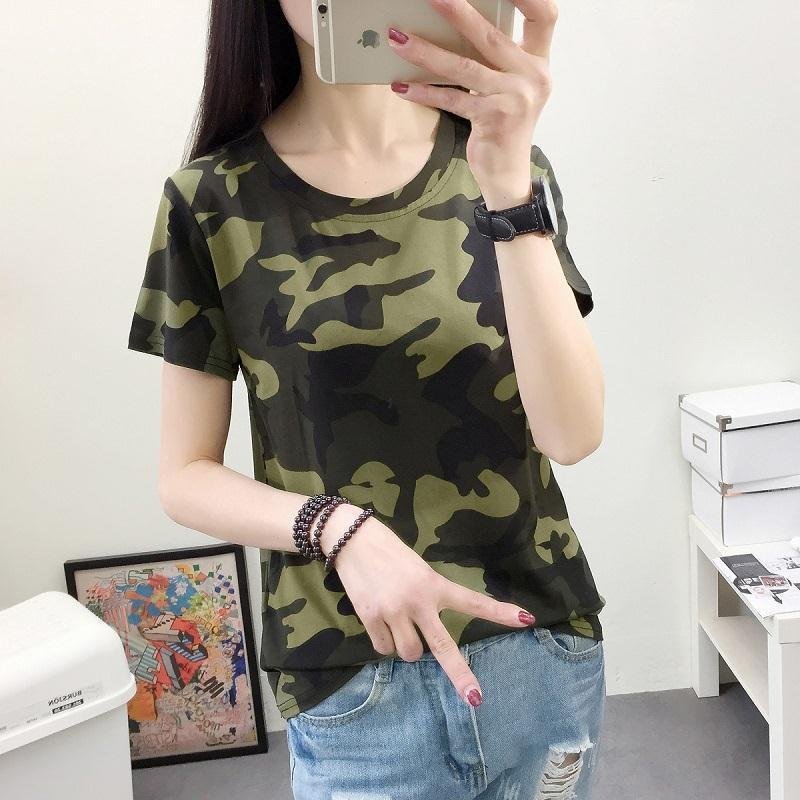 T-shirt Women's Bottoming Shirt Round Neck Camouflage Short-sleeved Slim Army Green Military Uniform - Image 4