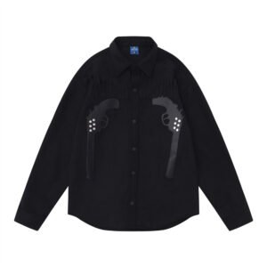 Pistol Embroidery Patch Long Sleeves Shirt Coat – Black, L