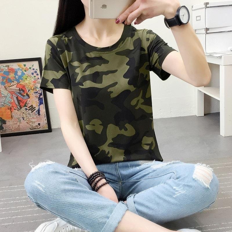 T-shirt Women's Bottoming Shirt Round Neck Camouflage Short-sleeved Slim Army Green Military Uniform - Image 5