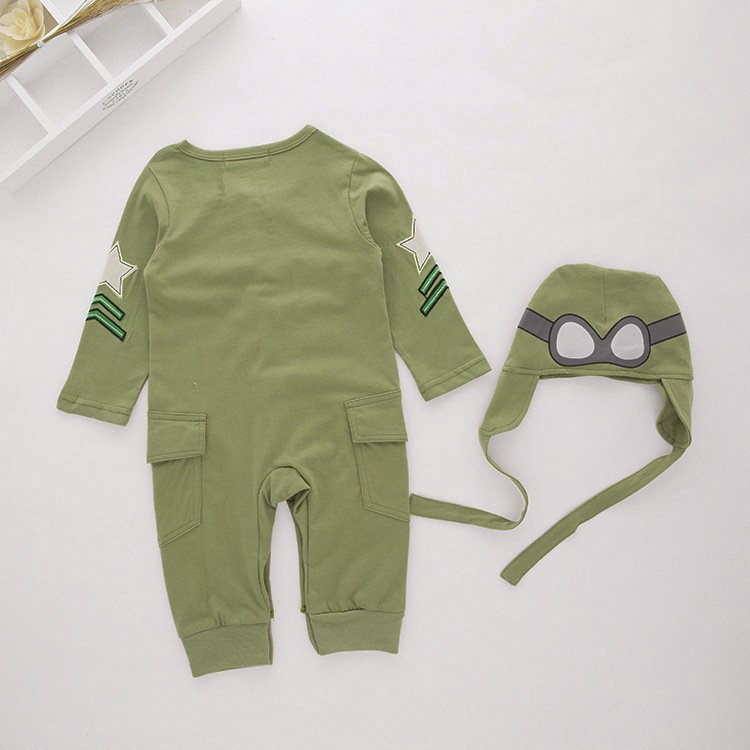 Boys' Long-sleeved Infant Children's Wear Aviator Jumpsuit Army Green Hooded Romper - Image 4