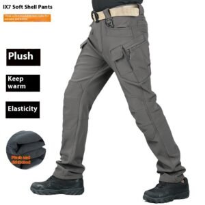 Outdoor Soft Shell Tactical Pants Men’s Ski Multi-bag Fleece Wear-resistant – Gray, L