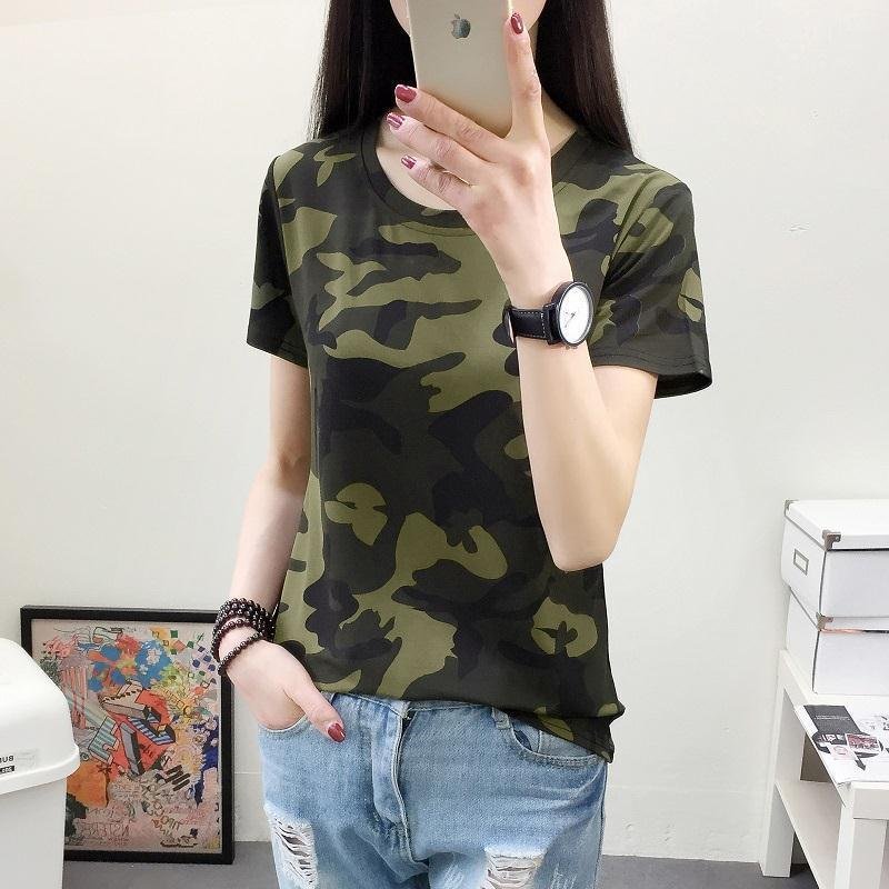 T-shirt Women's Bottoming Shirt Round Neck Camouflage Short-sleeved Slim Army Green Military Uniform - Image 2