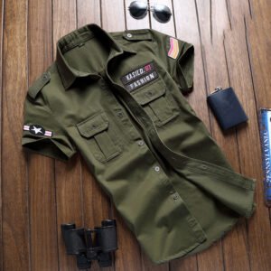 Summer Short Sleeve Shirt Military Green Work Clothes Casual Shirt – O, 3XL