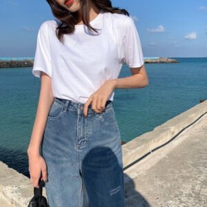 T-shirt Women’s Bottoming Shirt Round Neck Camouflage Short-sleeved Slim Army Green Military Uniform – White, L