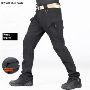 Outdoor Soft Shell Tactical Pants Men’s Ski Multi-bag Fleece Wear-resistant – Black, M
