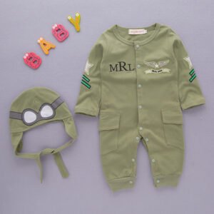 Boys’ Long-sleeved Infant Children’s Wear Aviator Jumpsuit Army Green Hooded Romper
