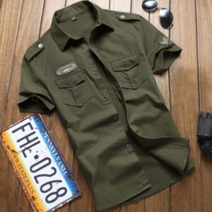 Summer Short Sleeve Shirt Military Green Work Clothes Casual Shirt – T, 2XL