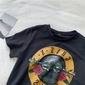 Rose Pistol Old Washed Cotton Personality Short Exposed Navel Black Short Sleeve T-shirt For Women – Black, L