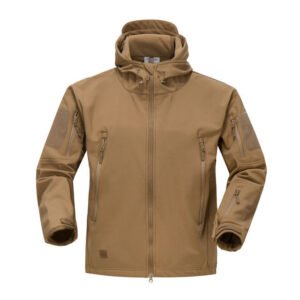 Tactical Men Soft Shell Jacket Military Hooded Coat – Khaki, M