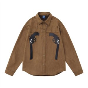 Pistol Embroidery Patch Long Sleeves Shirt Coat – Brown, S