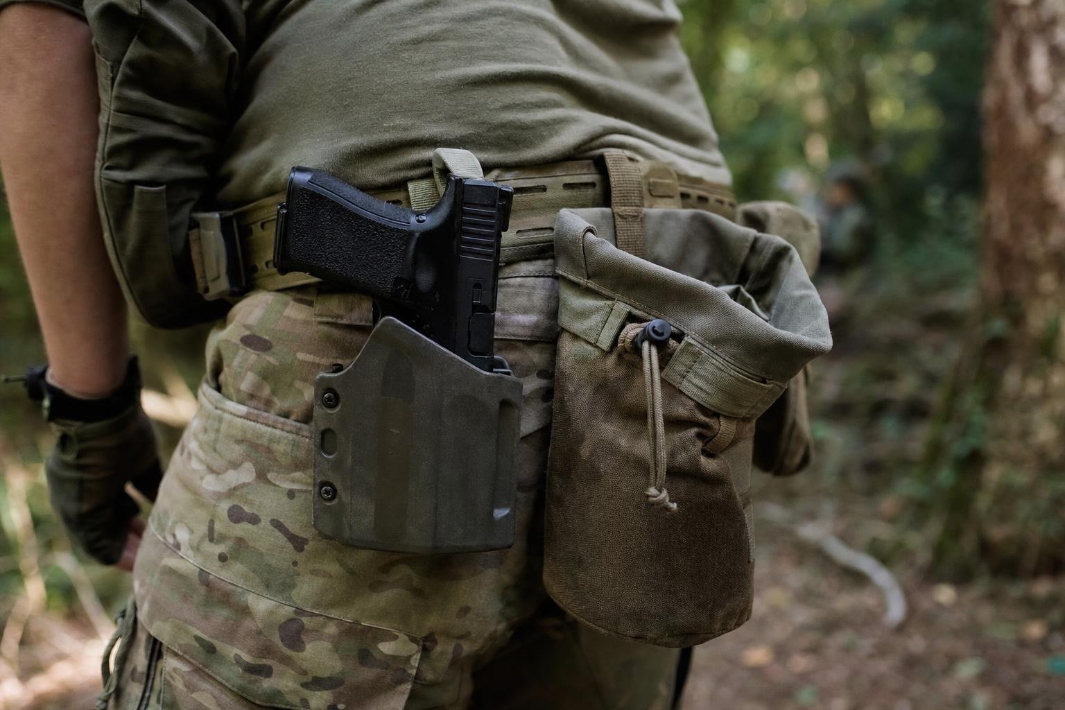 Close-up of an airsoft battle belt with pistol holster, dump pouch and utility pouch