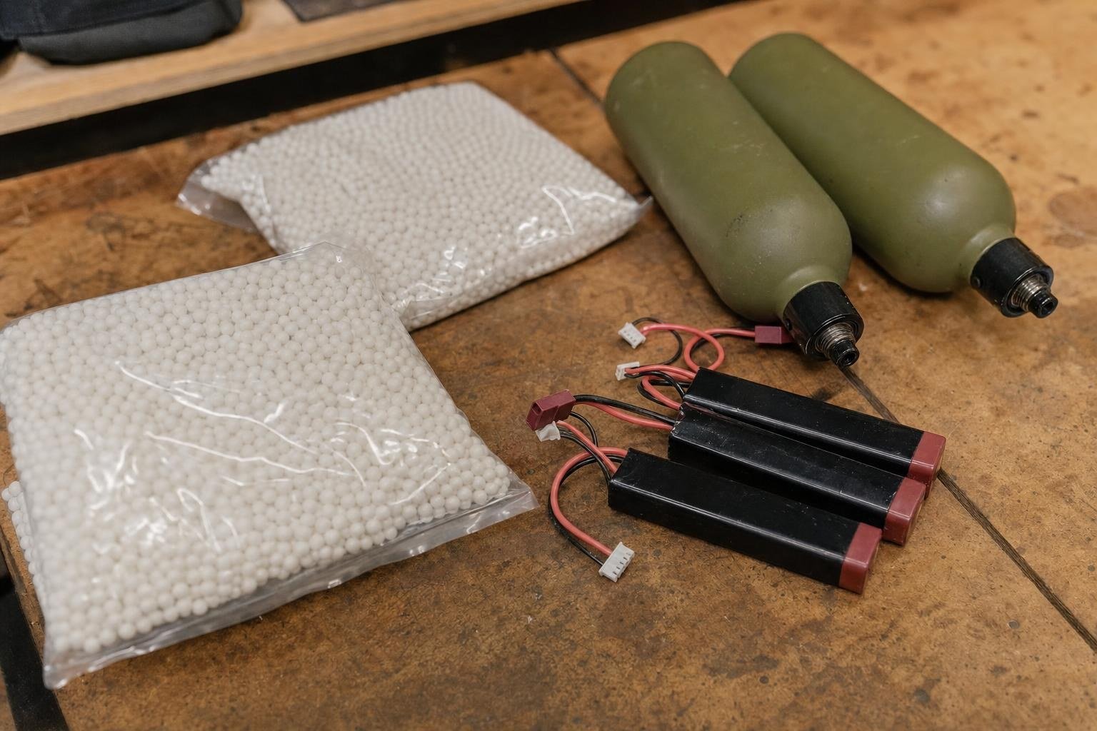 Bags of airsoft BBs, green gas canisters and LiPo batteries on a workbench