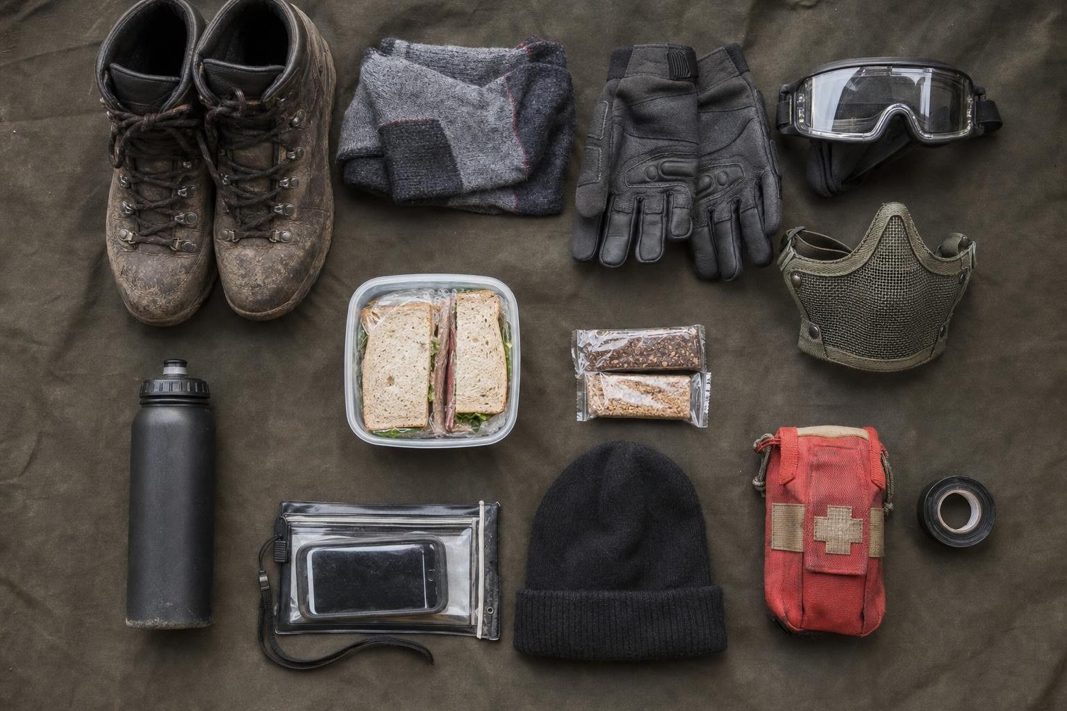 Flat lay of game day essentials: boots, gloves, goggles, snacks, water, first aid kit and phone