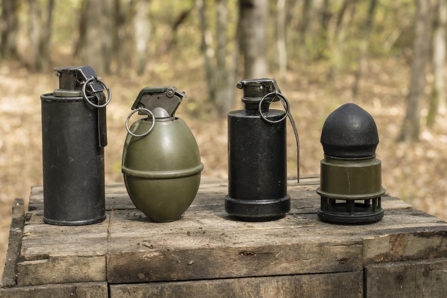 Different types of airsoft grenades lined up on a wooden crate