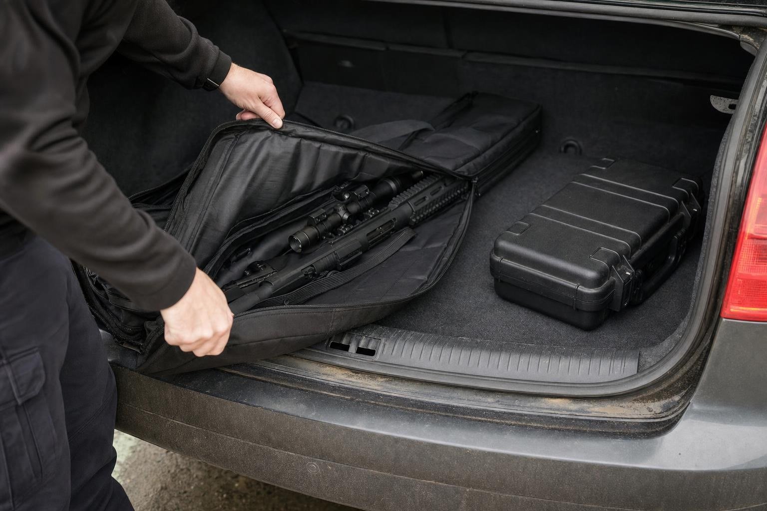 Airsoft rifle being packed into a padded gun bag in a car boot