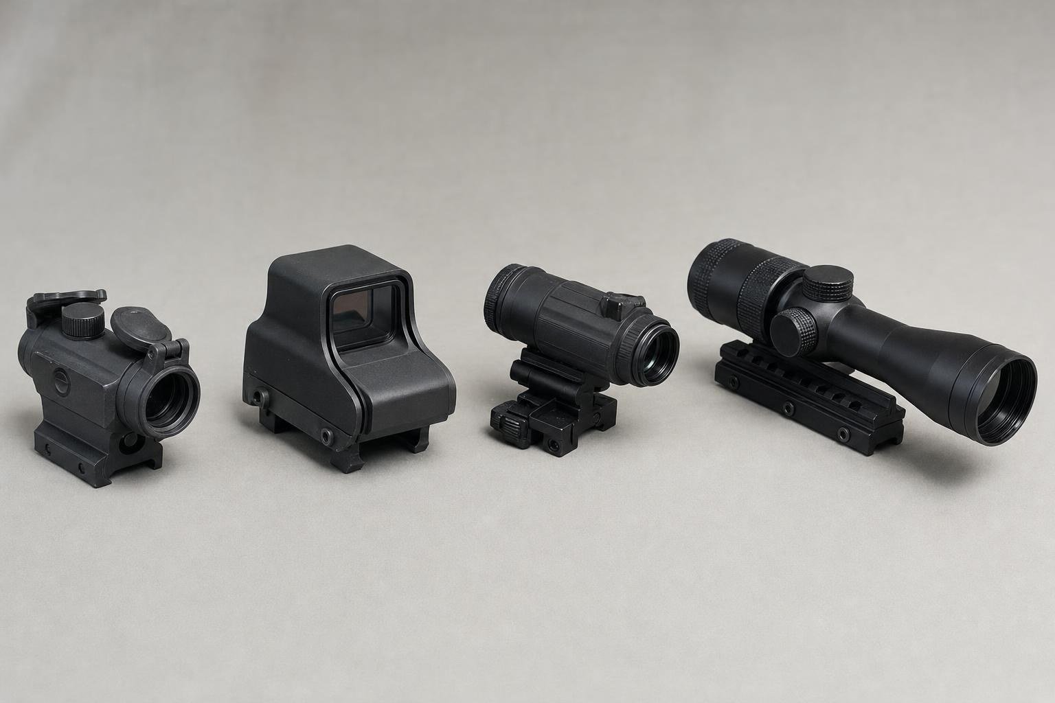 A red dot, holographic sight, magnifier and scope lined up on a table